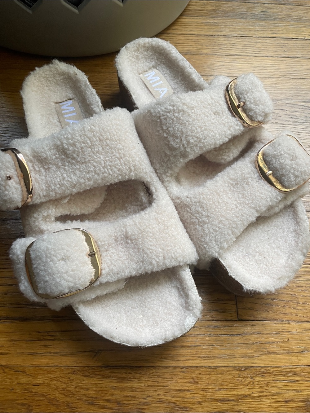 MIA Cream Faux-Shearling Slide Sandals with Gold Buckles